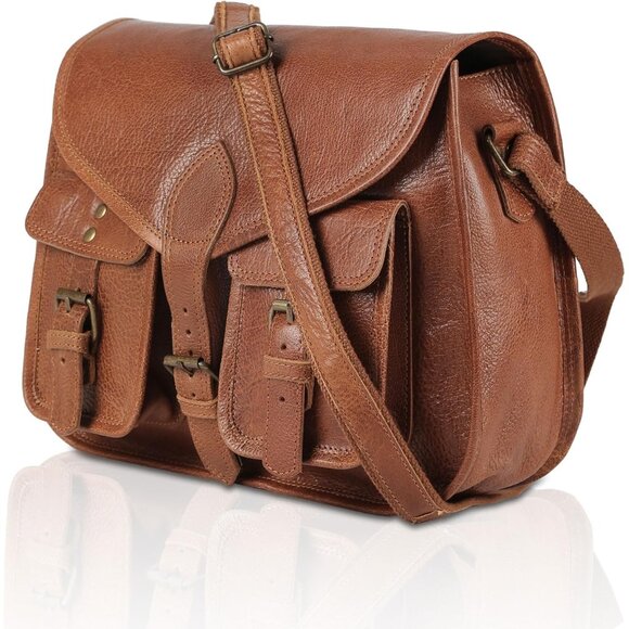 Women Tan Crossbody Satchel Ladies Tote Travel Genuine Leather Shoulder Bag - Picture 6 of 8